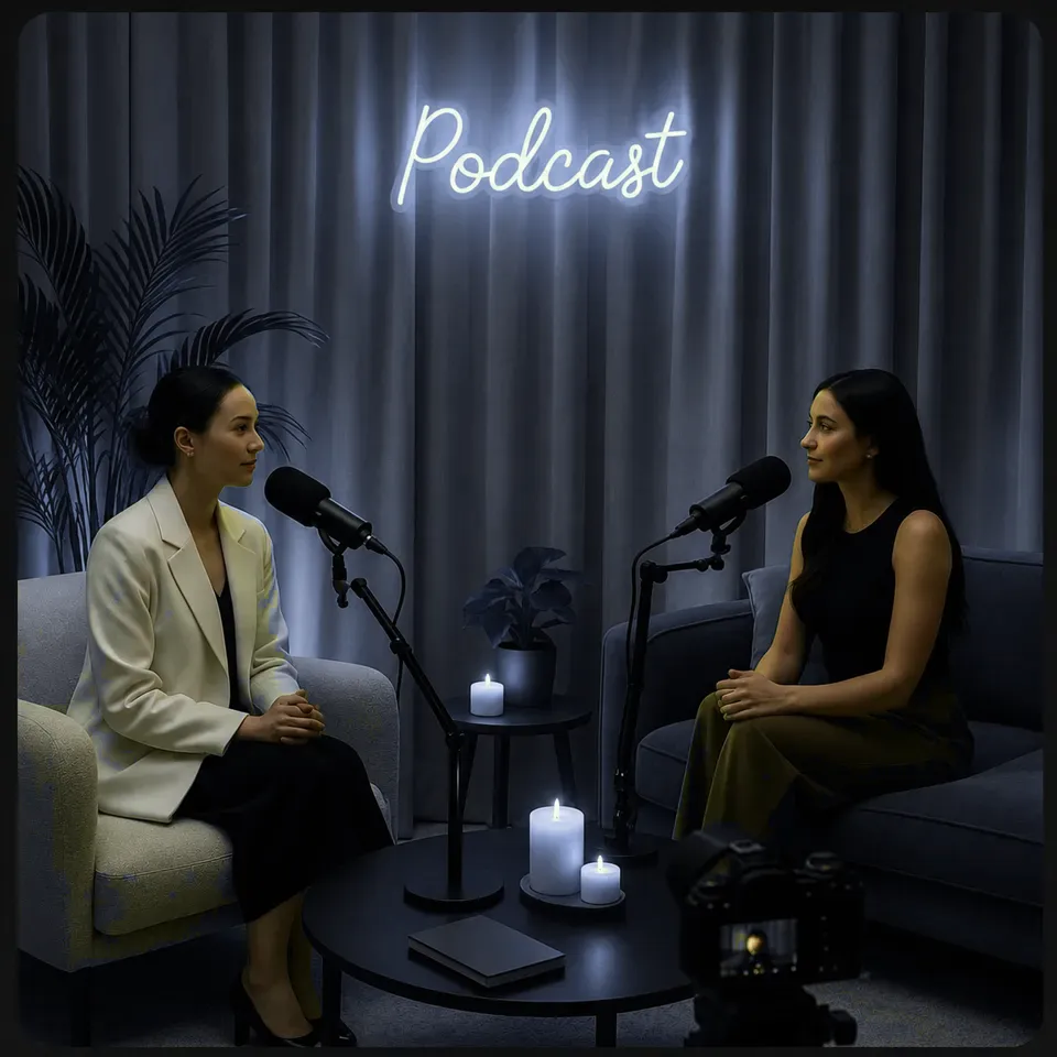 Podcast host recording an interview in a green-lit studio